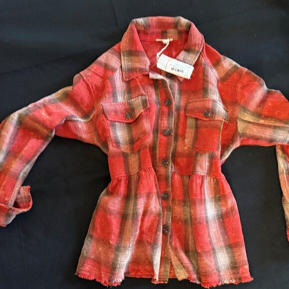 Mystree Washed Plaid Peplum Jacket/Blouse (Medium) - Picture 3 of 5